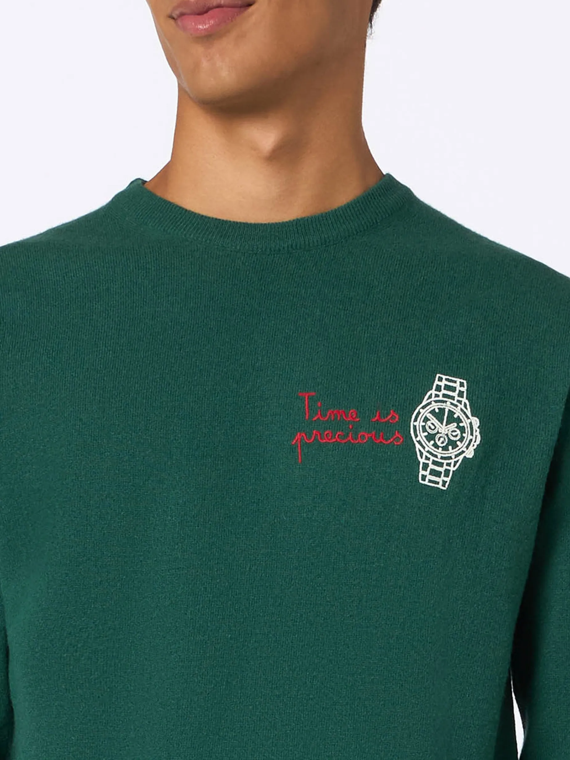 Grüner Herrenpullover „Heron“ mit „Time is Precious“-Stickerei