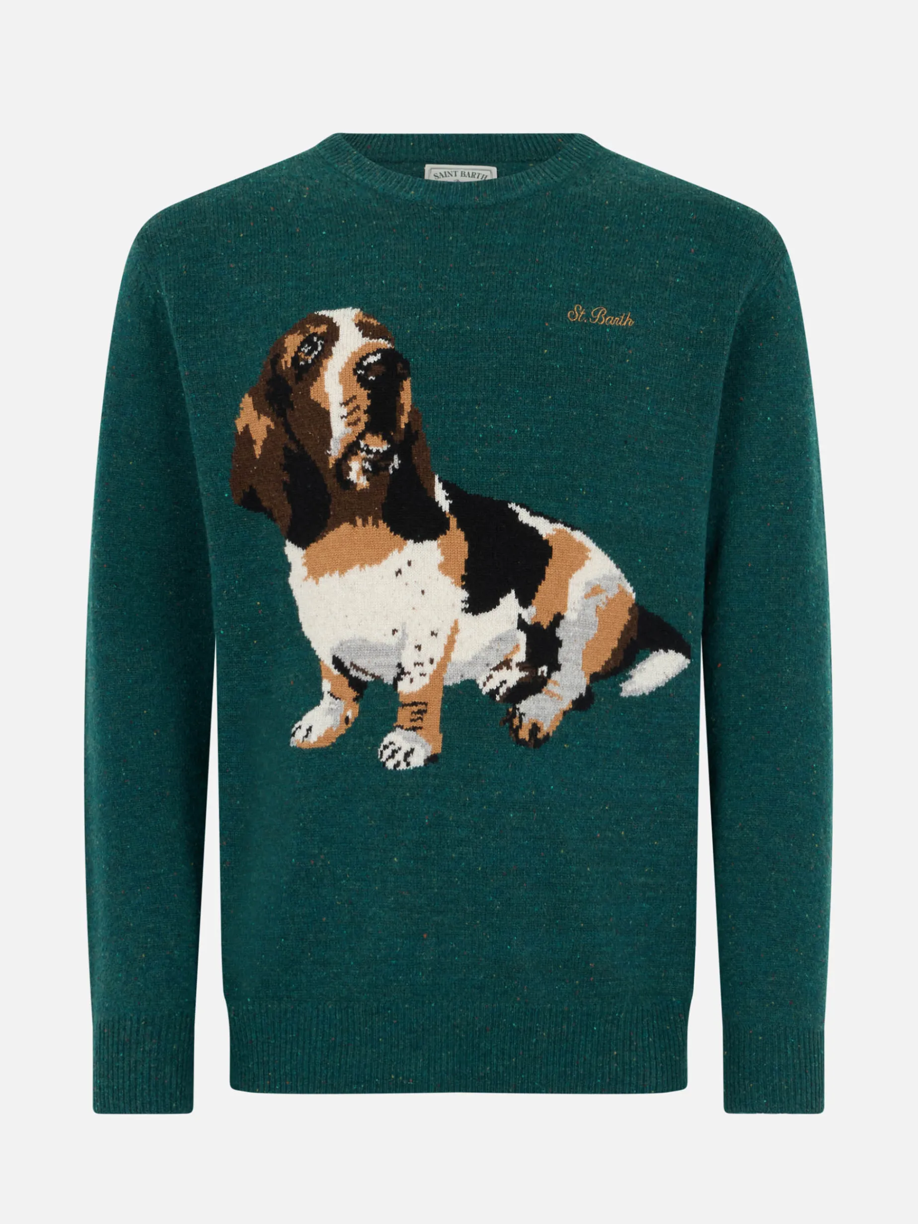 Grüner Herrenpullover Heron mit Basset Hound-Print