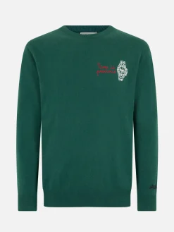 Grüner Herrenpullover „Heron“ mit „Time is Precious“-Stickerei
