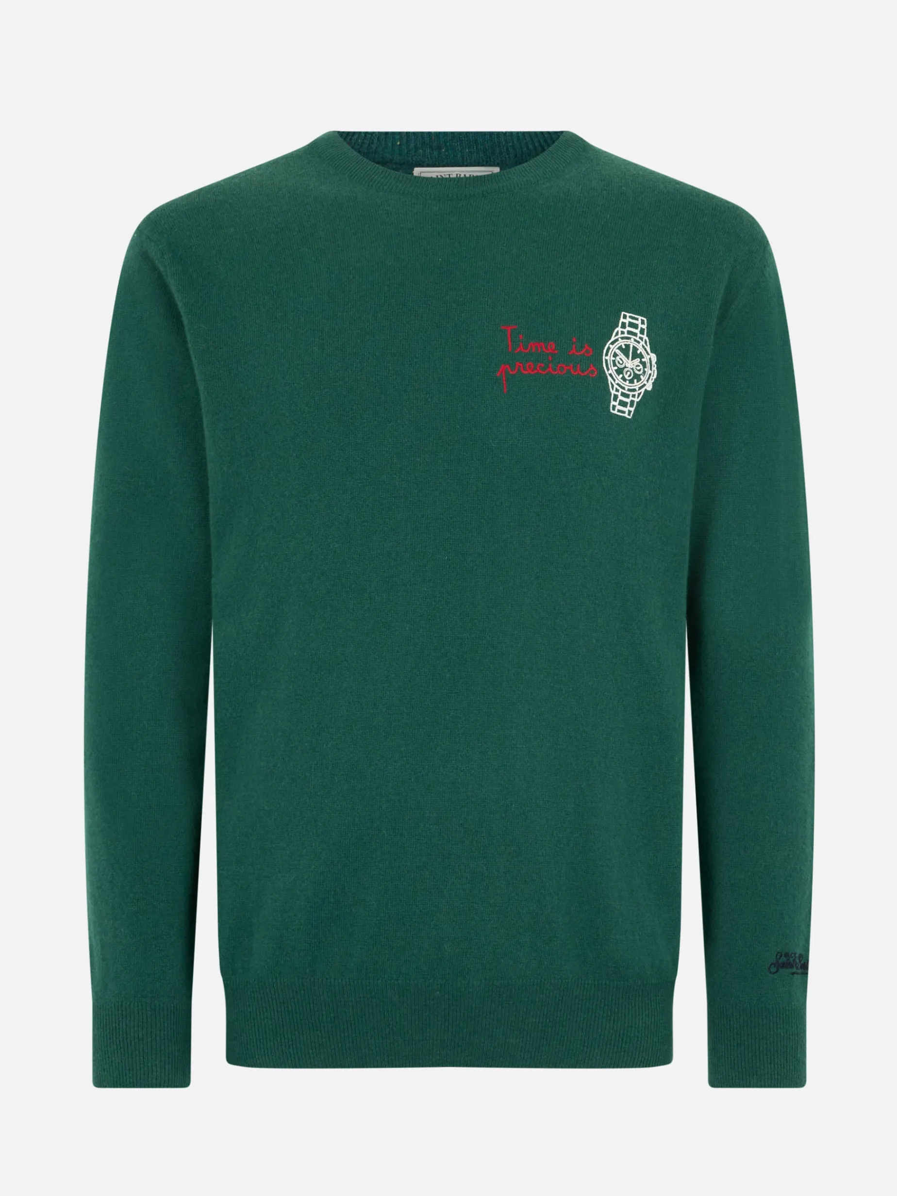 Grüner Herrenpullover „Heron“ mit „Time is Precious“-Stickerei