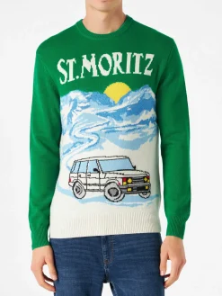 Grüner Herrenpullover mit St.Moritz-Postkartendruck