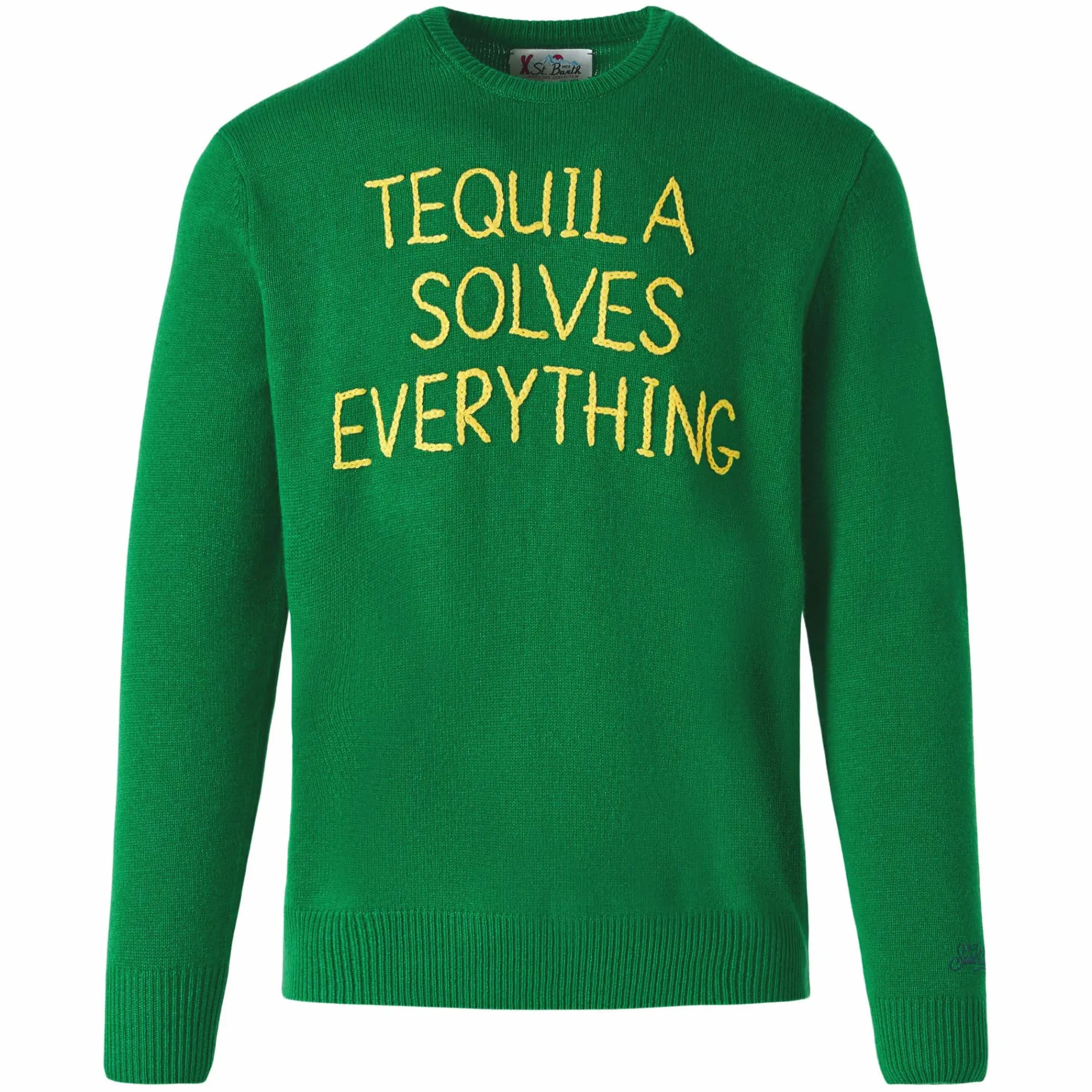 Grüner Herrenpullover mit Tequila solves everything Stickerei