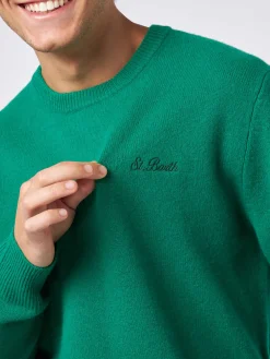 Grüner Herrenpullover mit Rundhalsausschnitt und St. Barth-Stickerei