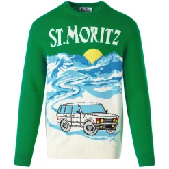 Grüner Herrenpullover mit St.Moritz-Postkartendruck