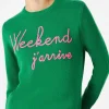Grüner Pullover „Weekend j'arrive“ mit fluorosa Stickerei