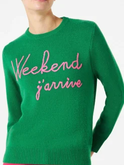 Grüner Pullover „Weekend j'arrive“ mit fluorosa Stickerei