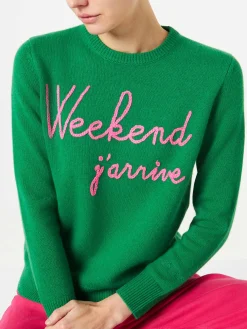 Grüner Pullover „Weekend j'arrive“ mit fluorosa Stickerei