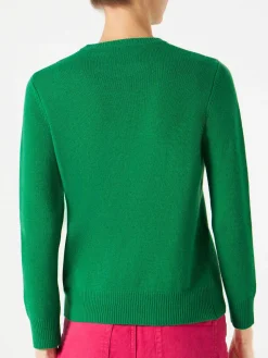 Grüner Pullover „Weekend j'arrive“ mit fluorosa Stickerei