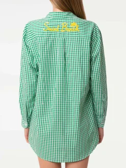 Grünes Baumwollhemd mit Gingham-Karomuster und Stickerei