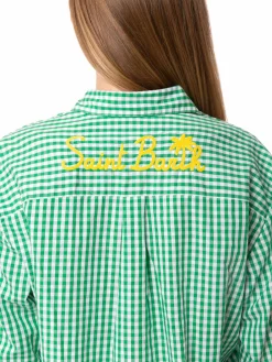Grünes Baumwollhemd mit Gingham-Karomuster und Stickerei