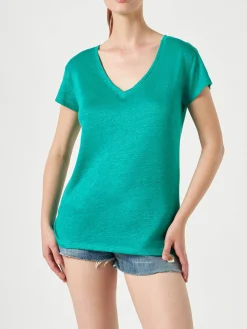 Grünes Damen-T-Shirt aus Leinen