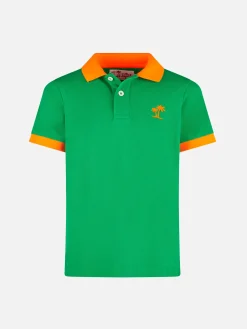Grünes Piquet-Polo für Jungen mit orangefarbenem St. Barth-Logo