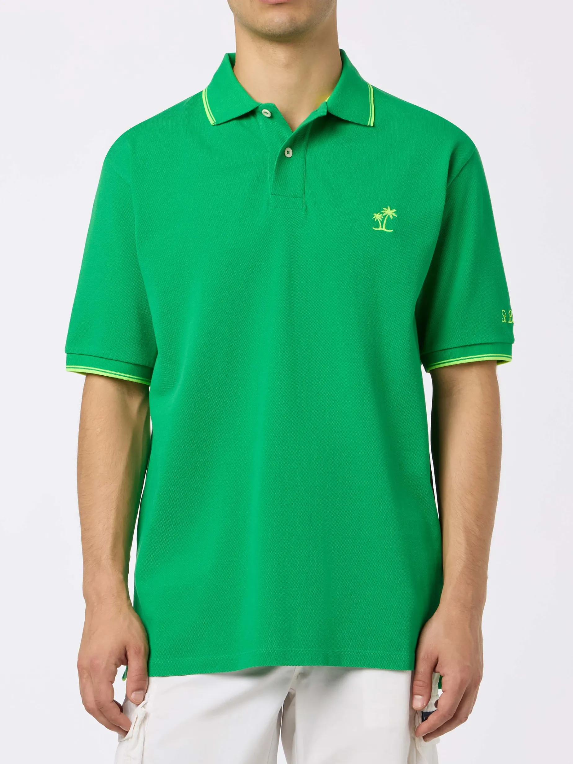 Grünes Poloshirt aus Baumwoll-Piqué für Herren, Beverly Hills, mit Palmenstickerei