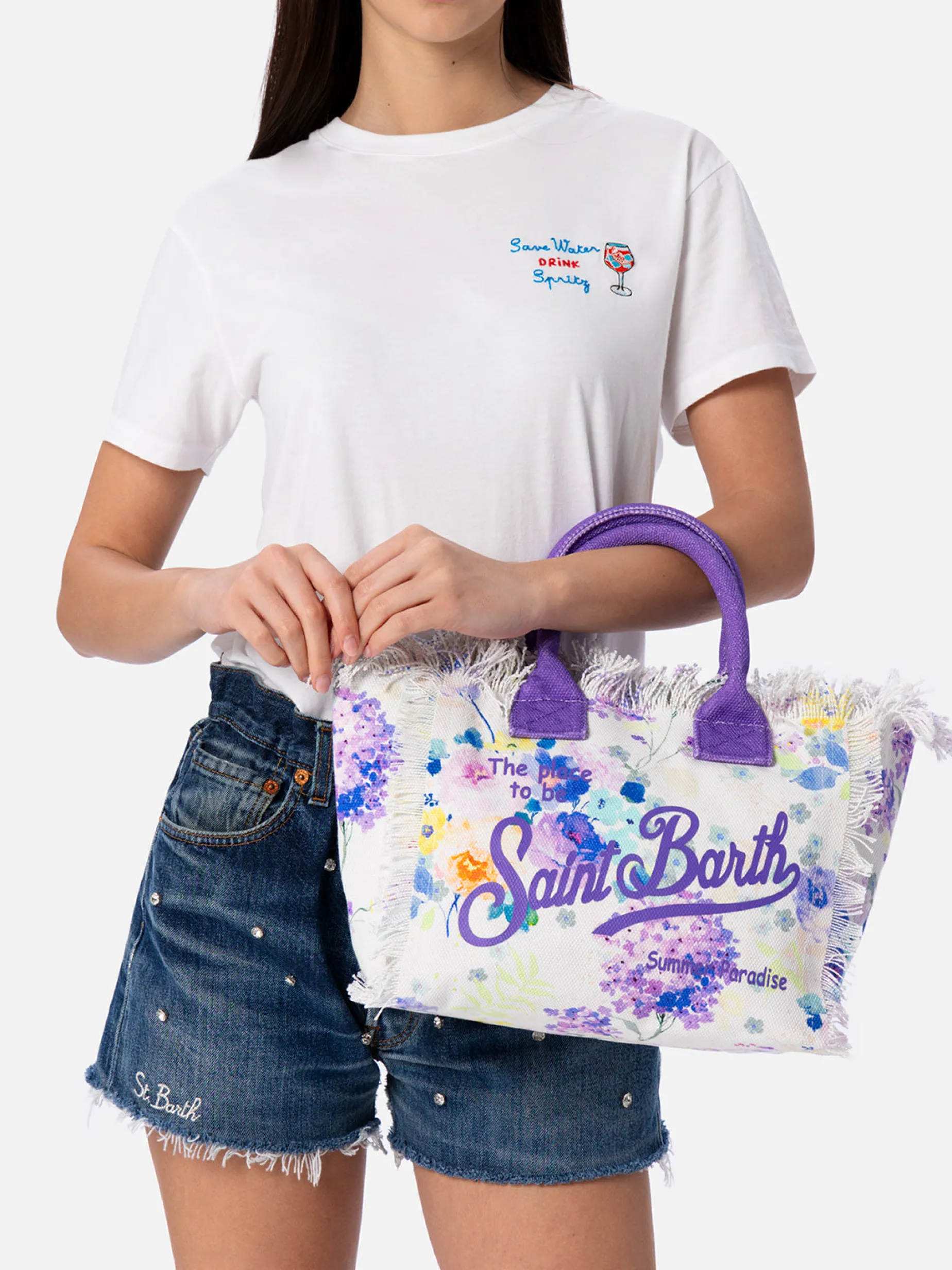 Handtasche Colette aus Baumwollcanvas mit Aquarellblumen-Print