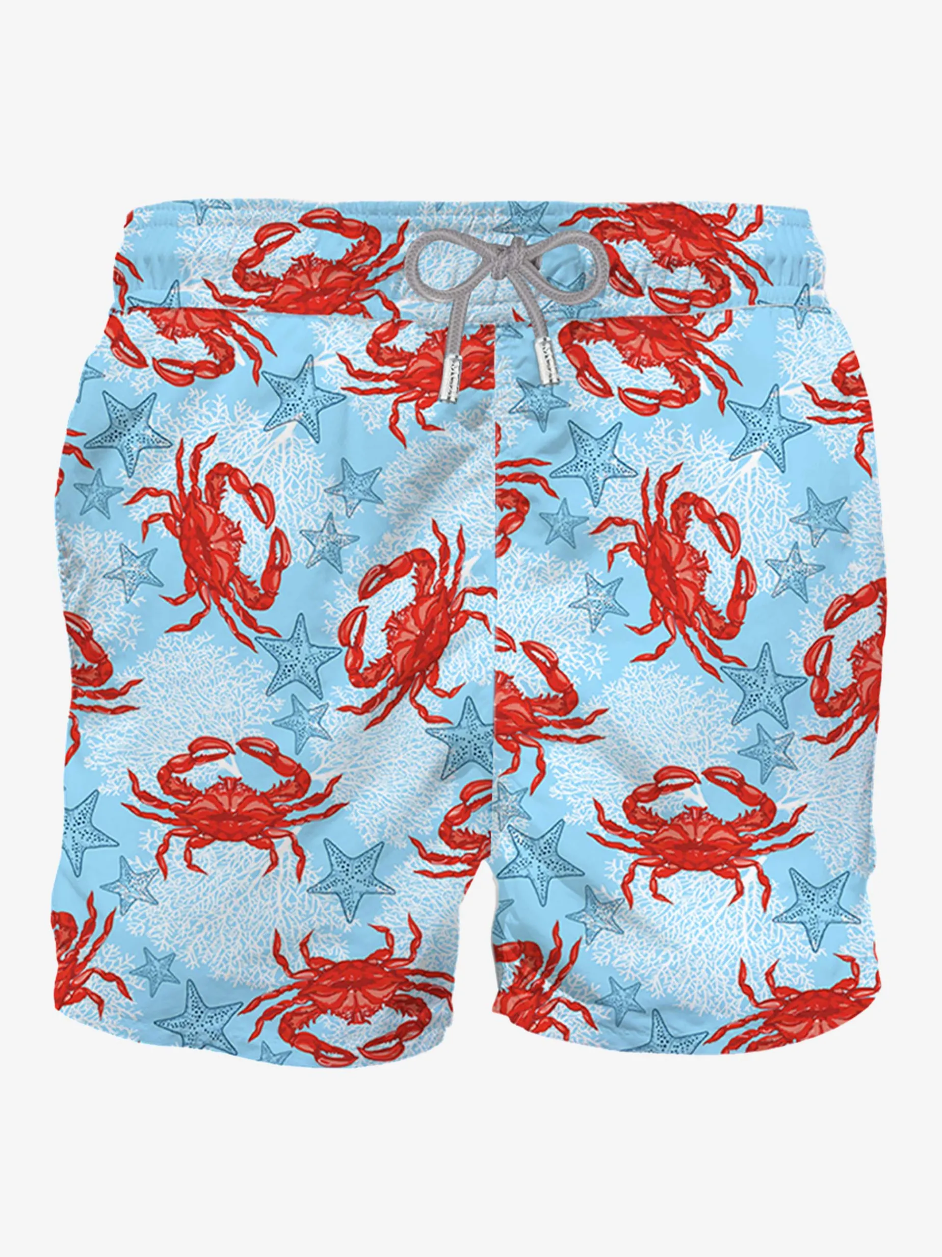 Hellblaue, mittellange Badeshorts mit Krabbenprint