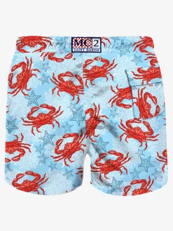 Hellblaue, mittellange Badeshorts mit Krabbenprint