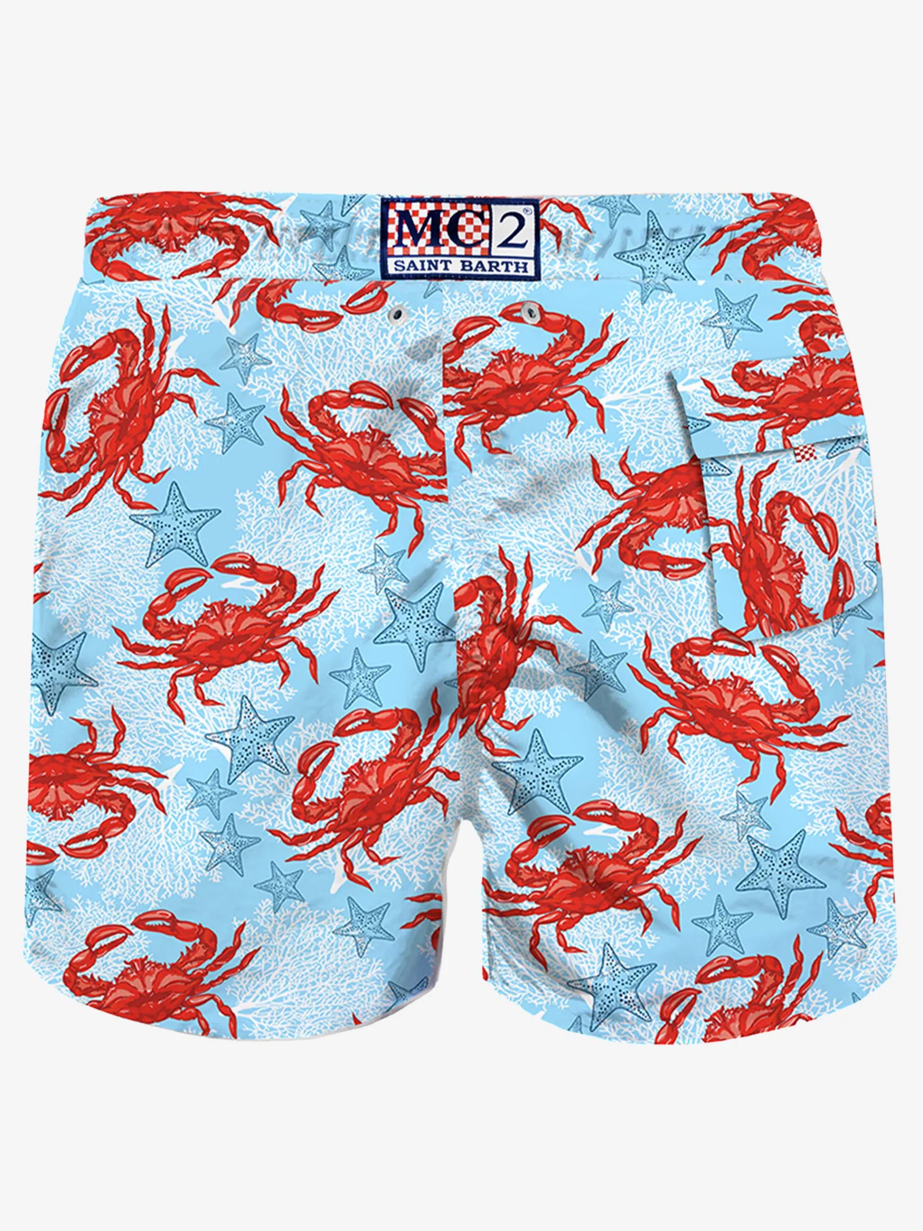 Hellblaue, mittellange Badeshorts mit Krabbenprint
