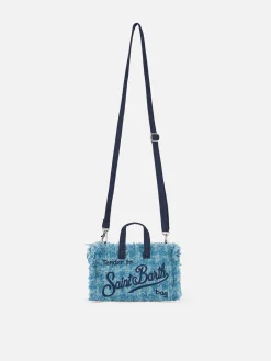 Hellblaue Telefontasche aus Tweed mit Saint Barth-Logostickerei