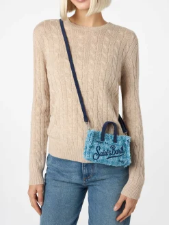 Hellblaue Telefontasche aus Tweed mit Saint Barth-Logostickerei