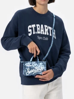 Hellblaue Telefontasche aus Chenille mit Saint Barth-Logostickerei