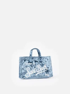 Hellblaue Telefontasche aus Chenille mit Saint Barth-Logostickerei