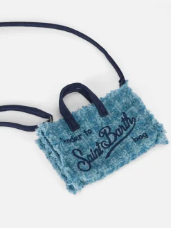 Hellblaue Telefontasche aus Tweed mit Saint Barth-Logostickerei