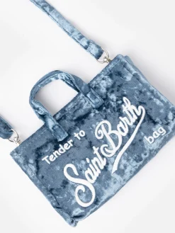 Hellblaue Telefontasche aus Chenille mit Saint Barth-Logostickerei