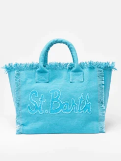 Hellblaue Vanity-Einkaufstasche aus Baumwollcanvas mit Logo-Patch