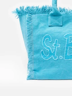 Hellblaue Vanity-Einkaufstasche aus Baumwollcanvas mit Logo-Patch