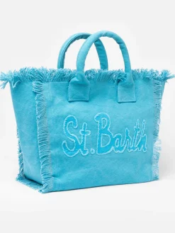 Hellblaue Vanity-Einkaufstasche aus Baumwollcanvas mit Logo-Patch