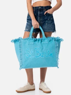 Hellblaue Vanity-Einkaufstasche aus Baumwollcanvas mit Logo-Patch