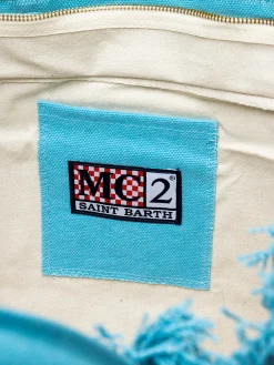 Hellblaue Vanity-Einkaufstasche aus Baumwollcanvas mit Logo-Patch