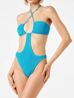 Hellblauer Crinkle-Trikini-Badeanzug aus Lurex