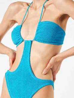Hellblauer Crinkle-Trikini-Badeanzug aus Lurex