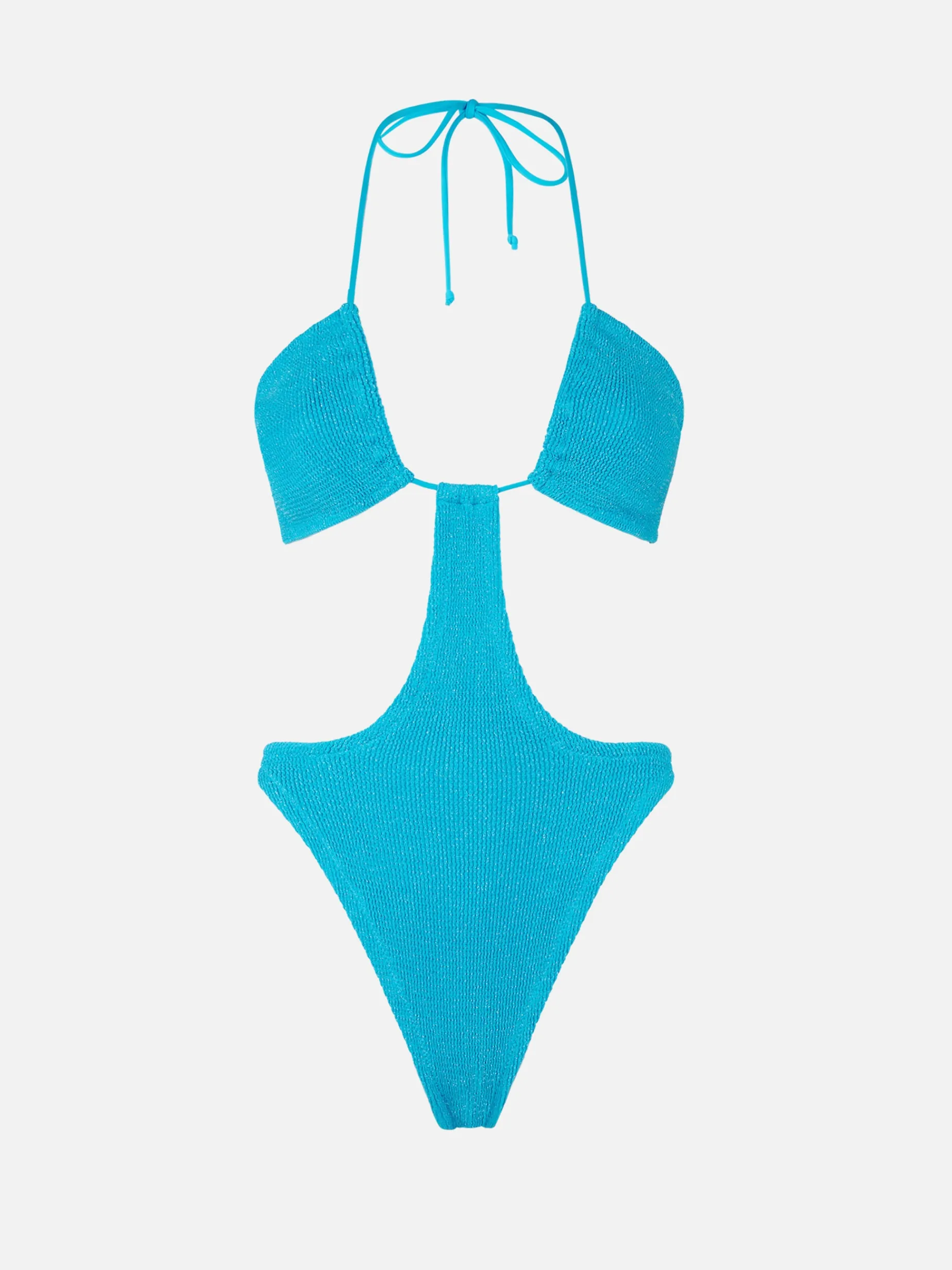Hellblauer Crinkle-Trikini-Badeanzug aus Lurex