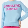 Hellblauer Damenpullover mit Rundhalsausschnitt und Compulsive Shopper-Aufdruck
