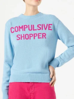 Hellblauer Damenpullover mit Rundhalsausschnitt und Compulsive Shopper-Aufdruck