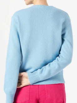 Hellblauer Damenpullover mit Rundhalsausschnitt und Compulsive Shopper-Aufdruck