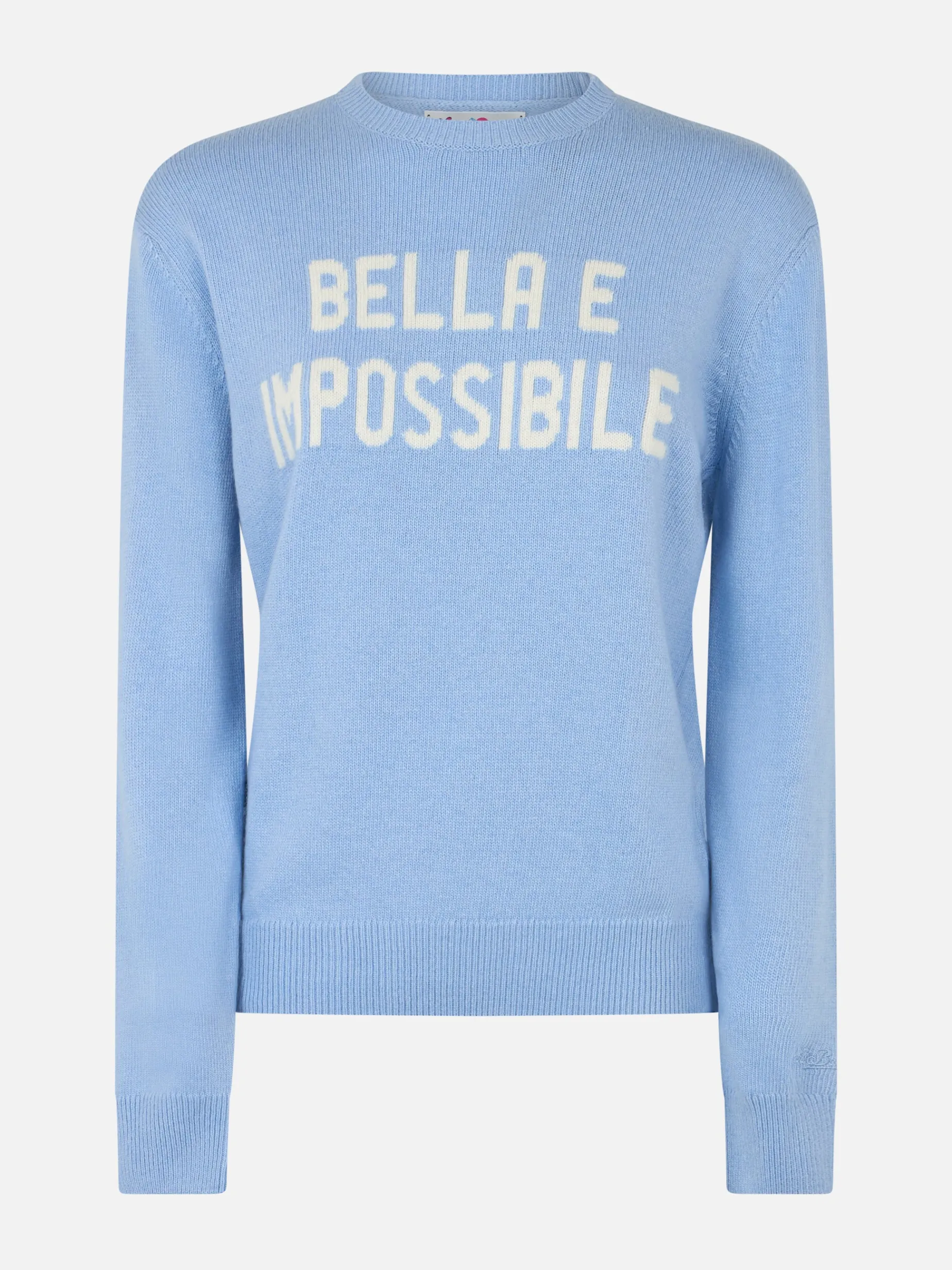 Hellblauer Damenpullover New Queen mit Bella e Impossibile-Print