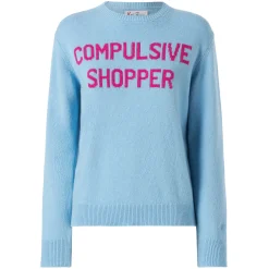 Hellblauer Damenpullover mit Rundhalsausschnitt und Compulsive Shopper-Aufdruck
