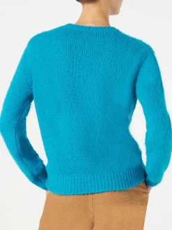 Hellblauer gebürsteter Damenpullover mit Stickerei