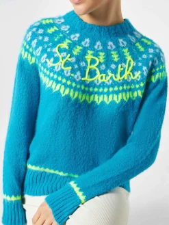 Hellblauer nordischer Jacquard-Pullover für Damen mit Rundhalsausschnitt
