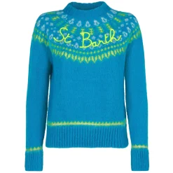 Hellblauer nordischer Jacquard-Pullover für Damen mit Rundhalsausschnitt