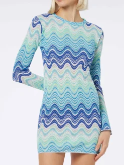 Hellblaues kurzes Damenkleid aus Raschelstrick Imany