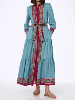Hellblaues Leinenkleid Jensen für Damen mit platziertem Paisley-Print