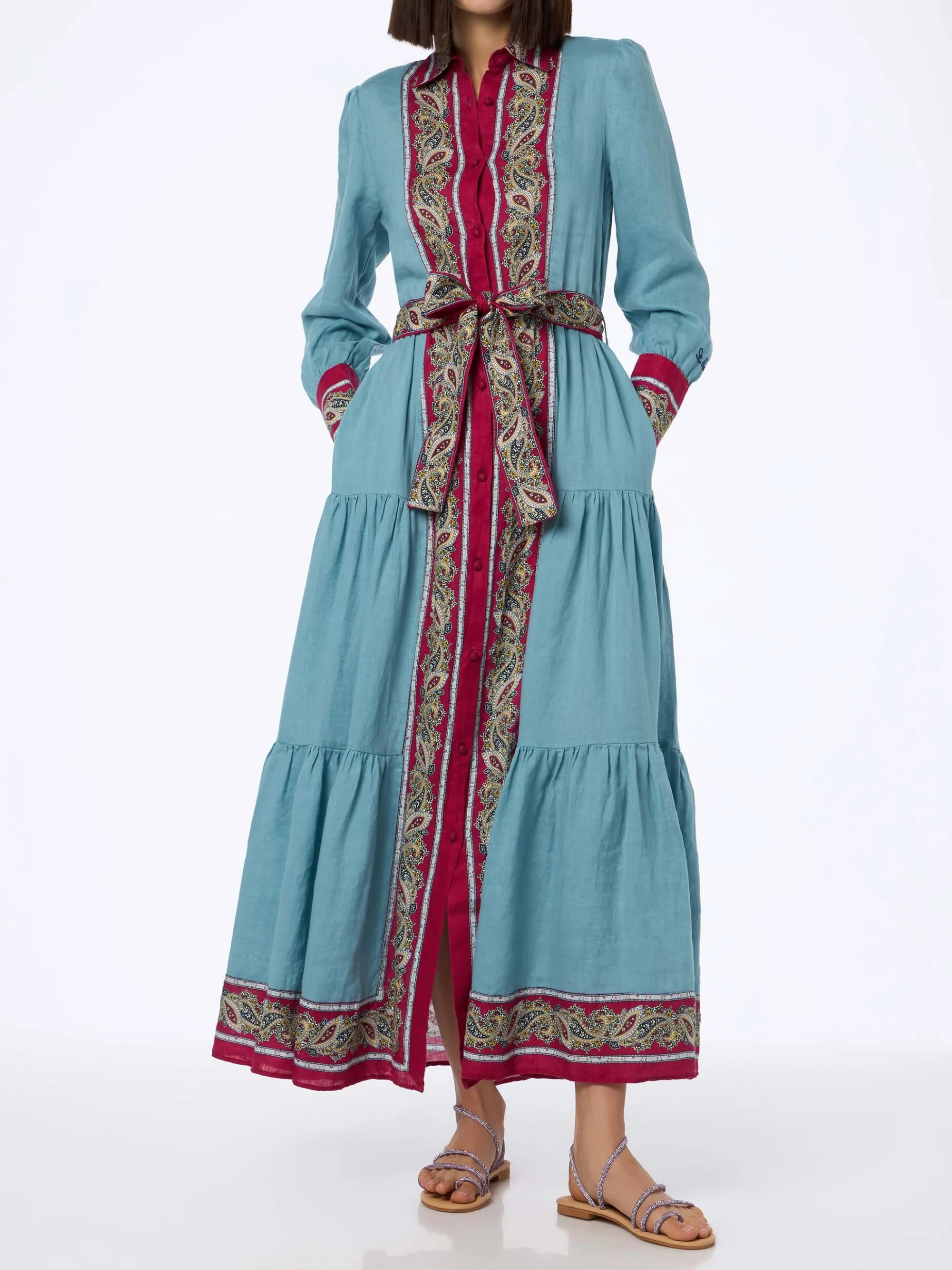 Hellblaues Leinenkleid Jensen für Damen mit platziertem Paisley-Print