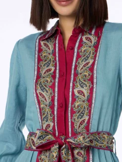 Hellblaues Leinenkleid Jensen für Damen mit platziertem Paisley-Print