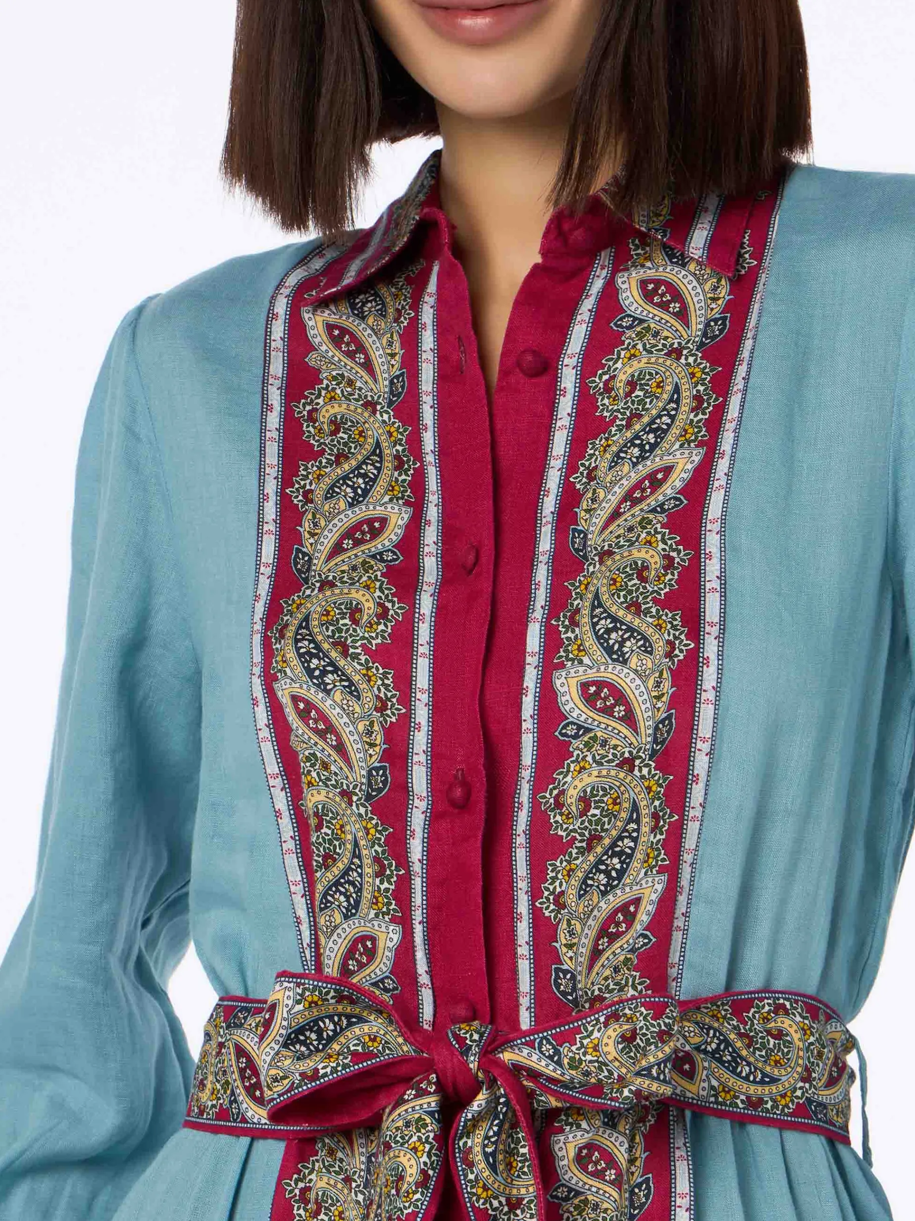 Hellblaues Leinenkleid Jensen für Damen mit platziertem Paisley-Print