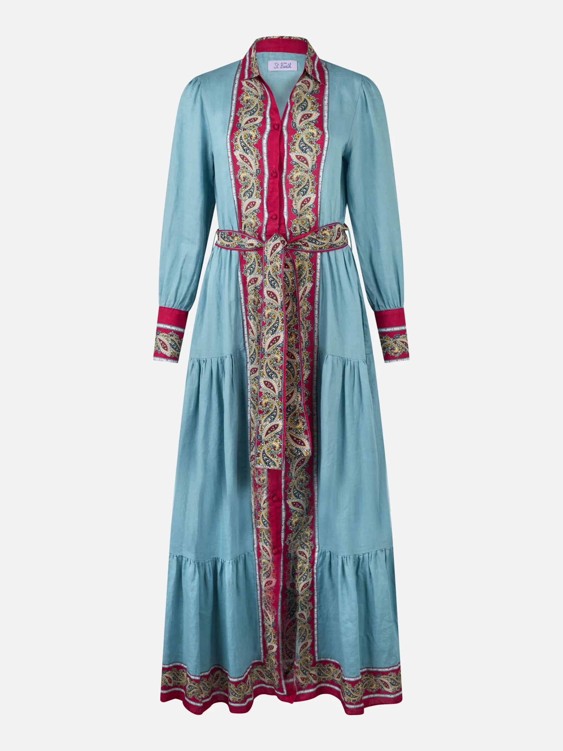 Hellblaues Leinenkleid Jensen für Damen mit platziertem Paisley-Print