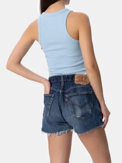 Hellblaues Tanktop aus Baumwolle im Rippenmuster für Damen Ada